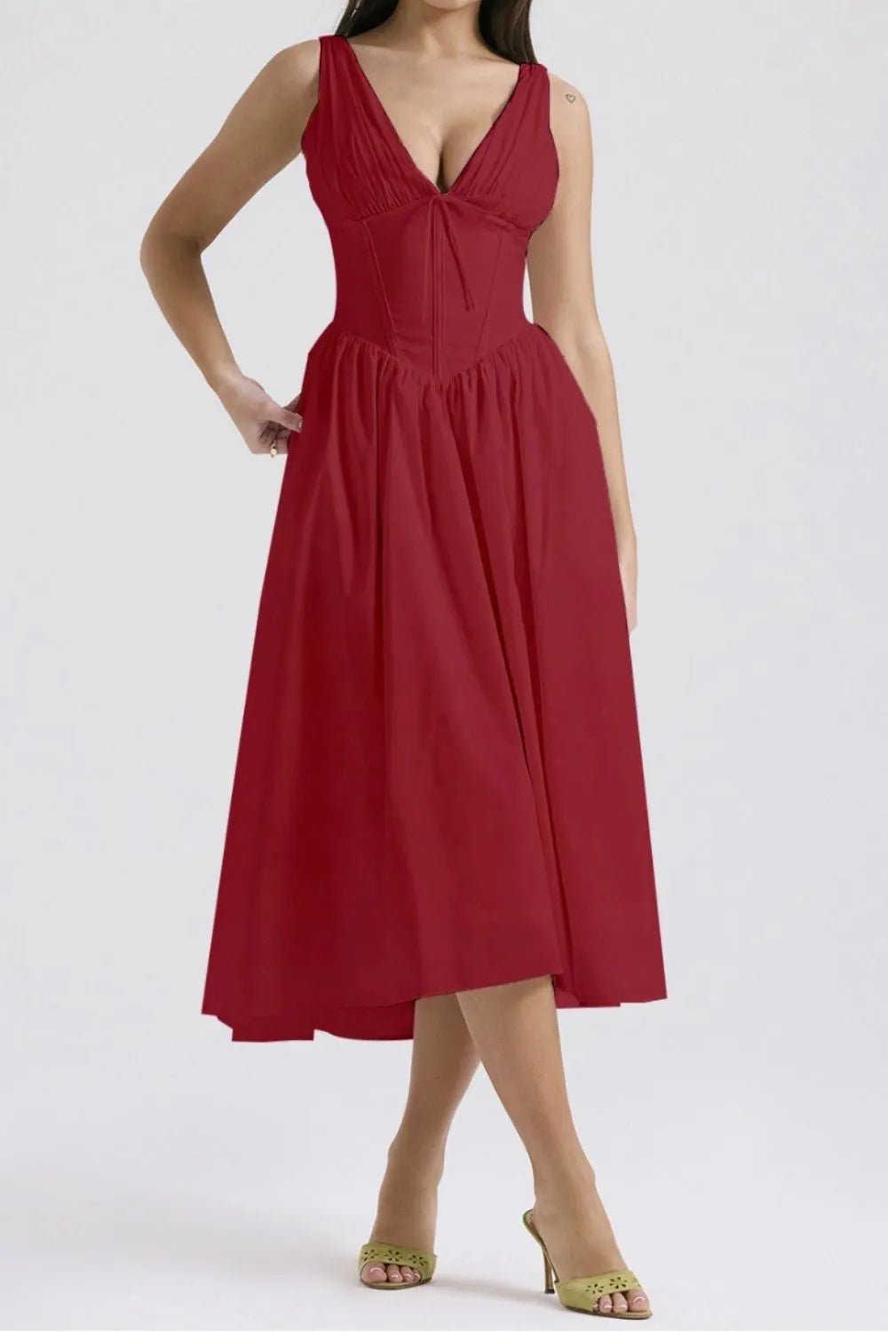 Ruched V - Neck Sleeveless Dress with Pockets - Crowned Energy CO.