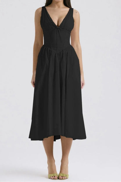 Ruched V - Neck Sleeveless Dress with Pockets - Crowned Energy CO.