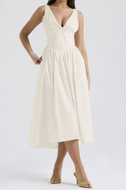 Ruched V - Neck Sleeveless Dress with Pockets - Crowned Energy CO.