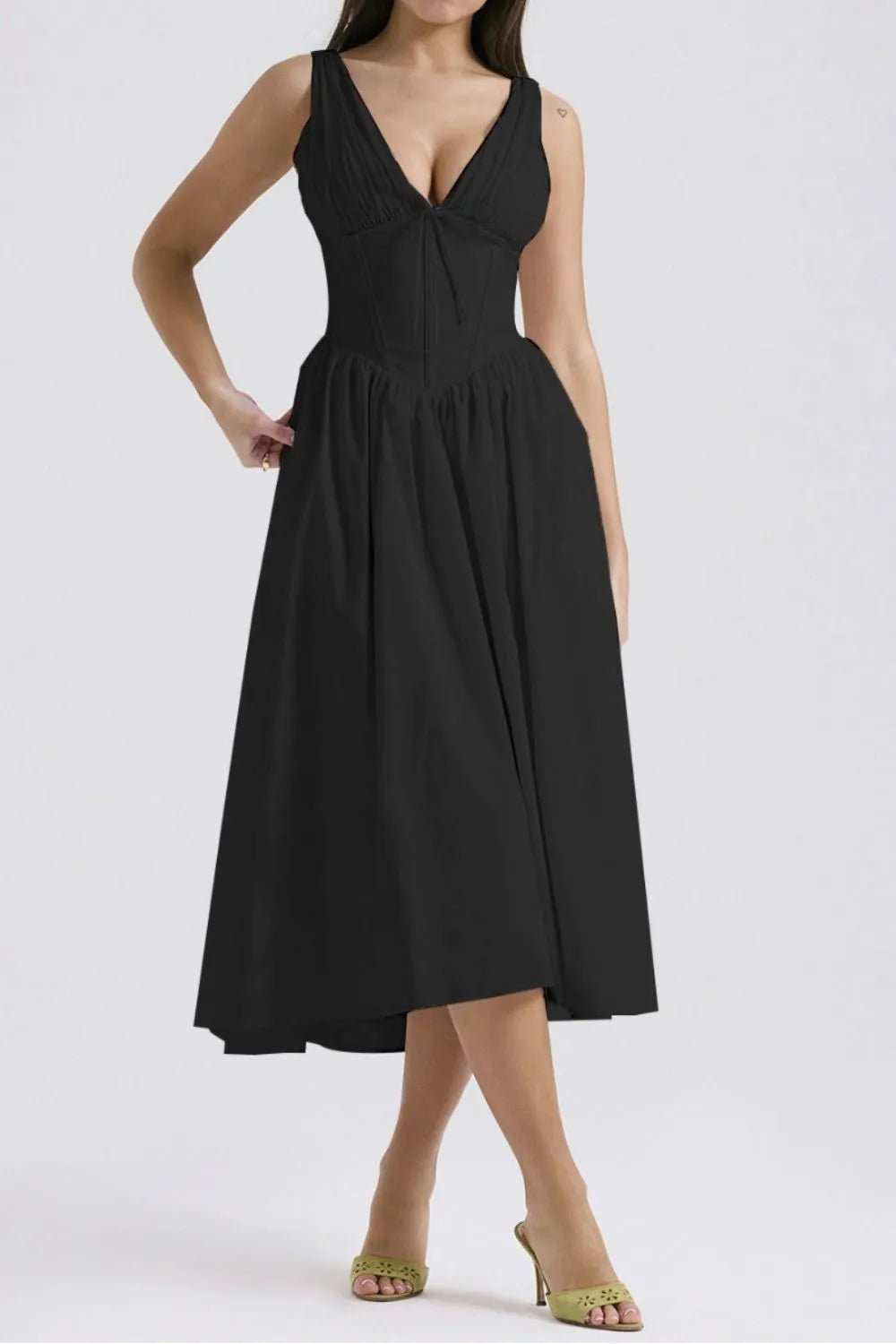 Ruched V - Neck Sleeveless Dress with Pockets - Crowned Energy CO.