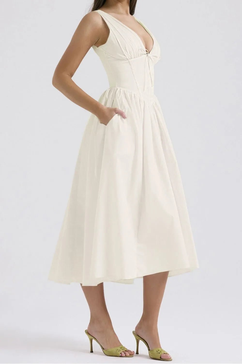 Ruched V - Neck Sleeveless Dress with Pockets - Crowned Energy CO.