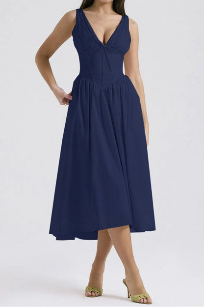 Ruched V - Neck Sleeveless Dress with Pockets - Crowned Energy CO.