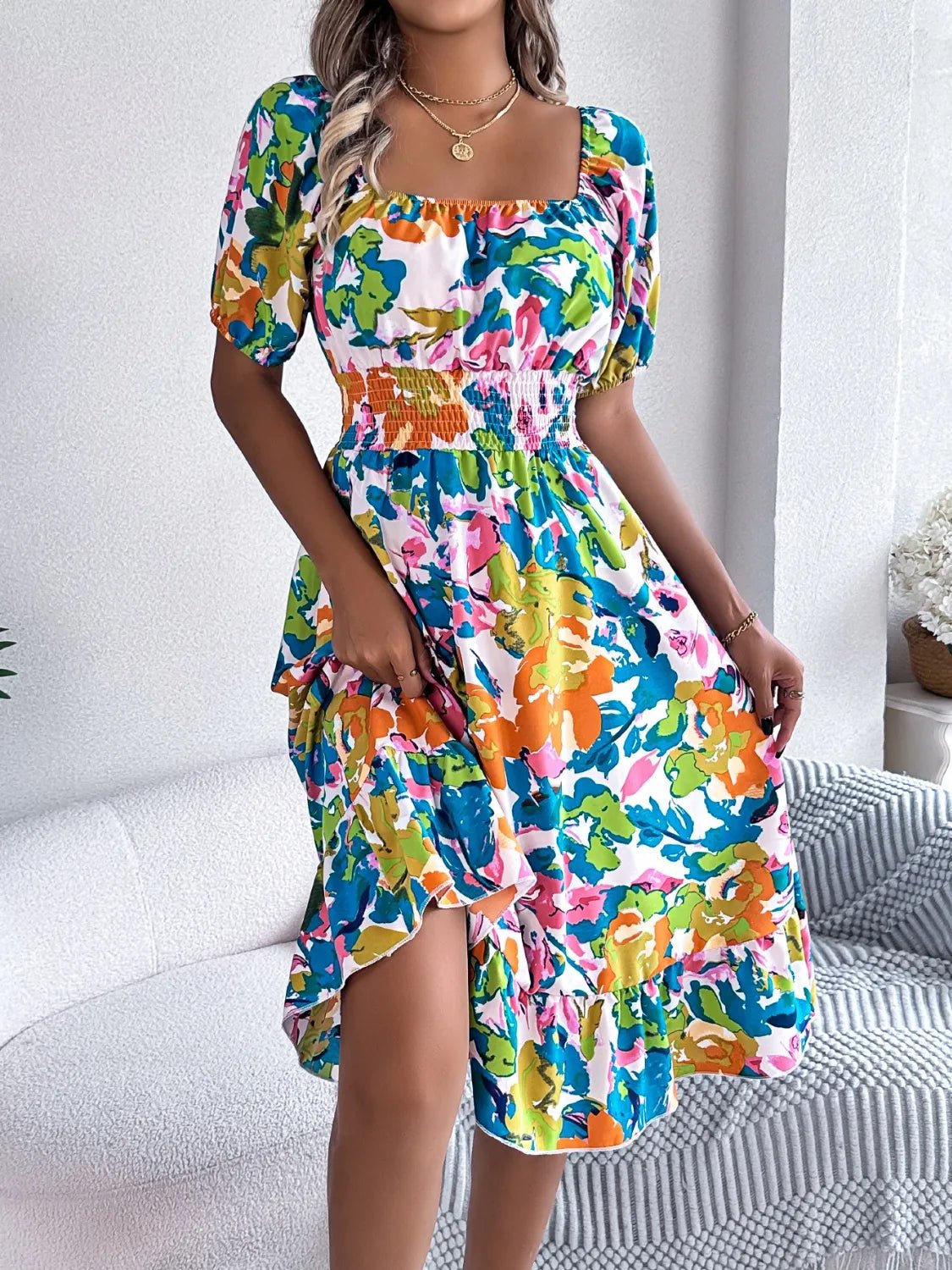 Ruffled Hem Smocked Floral Short Sleeve Midi Dress - Crowned Energy CO.