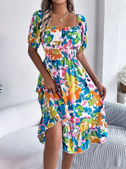 Ruffled Hem Smocked Floral Short Sleeve Midi Dress - Crowned Energy CO.