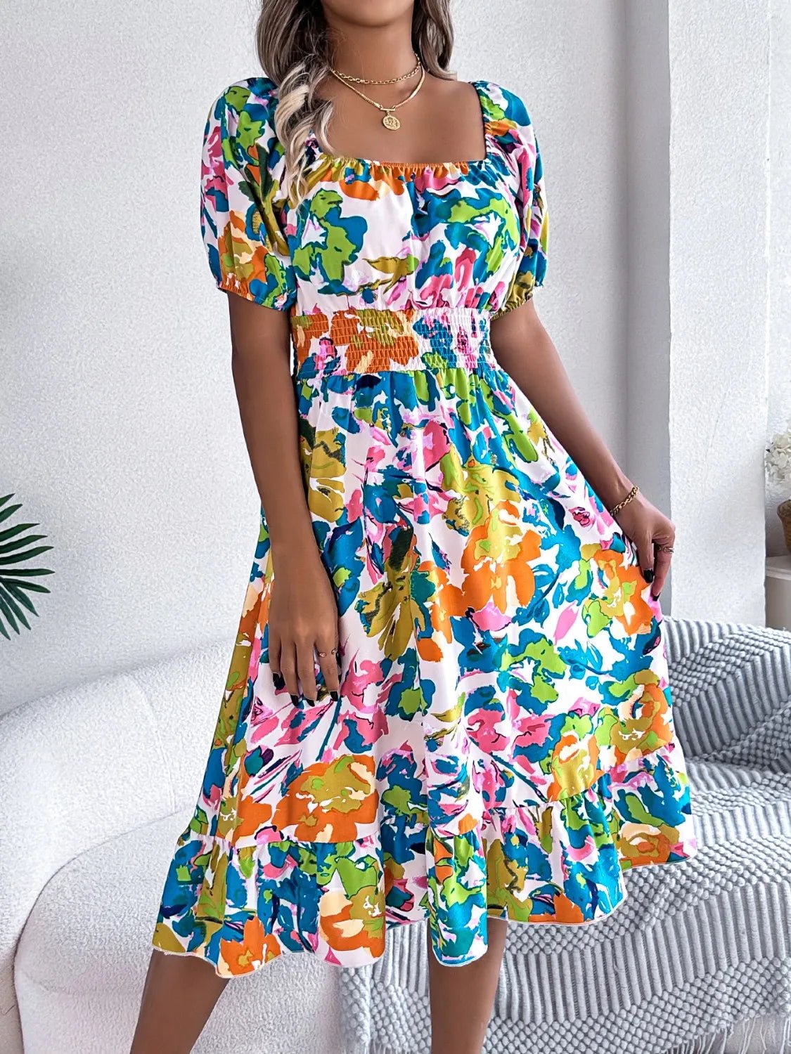 Ruffled Hem Smocked Floral Short Sleeve Midi Dress - Crowned Energy CO.
