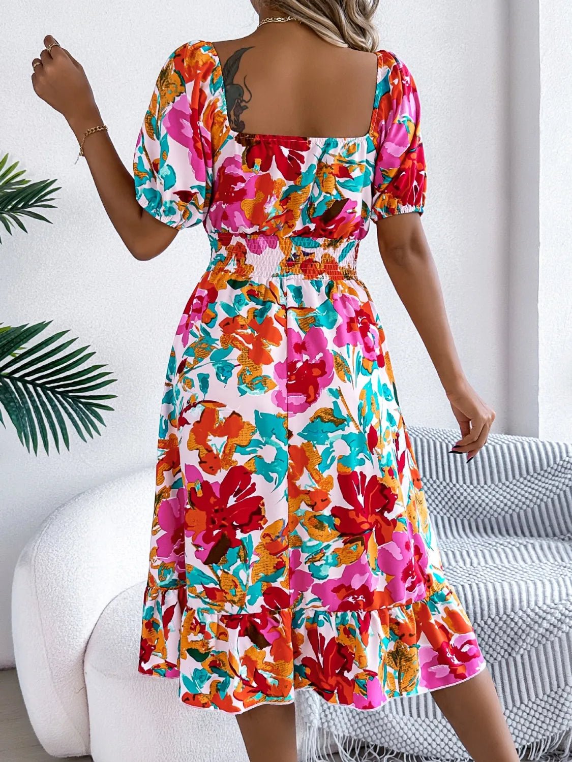 Ruffled Hem Smocked Floral Short Sleeve Midi Dress - Crowned Energy CO.