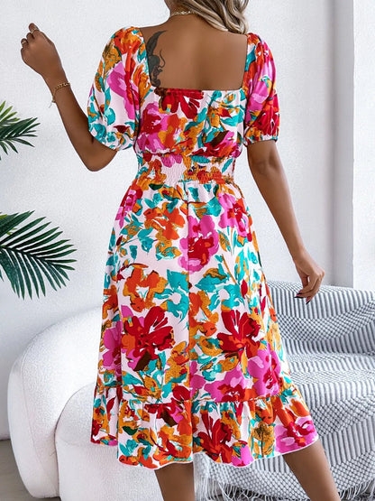 Ruffled Hem Smocked Floral Short Sleeve Midi Dress - Crowned Energy CO.
