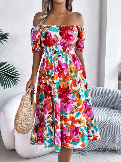 Ruffled Hem Smocked Floral Short Sleeve Midi Dress - Crowned Energy CO.