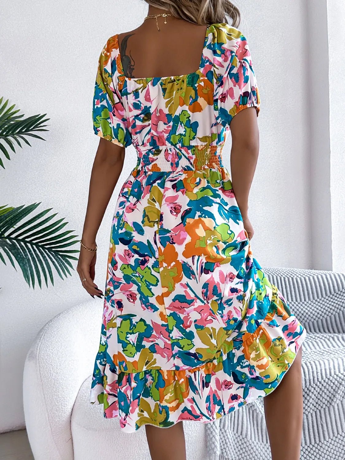 Ruffled Hem Smocked Floral Short Sleeve Midi Dress - Crowned Energy CO.