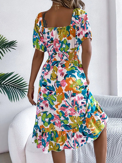 Ruffled Hem Smocked Floral Short Sleeve Midi Dress - Crowned Energy CO.