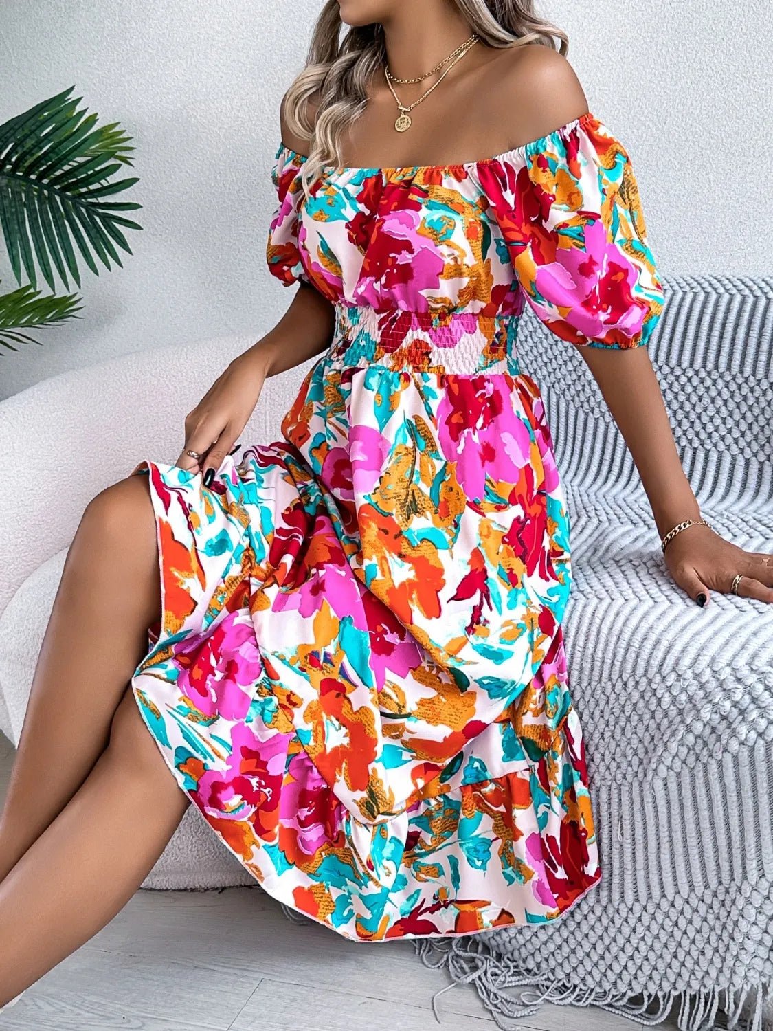 Ruffled Hem Smocked Floral Short Sleeve Midi Dress - Crowned Energy CO.
