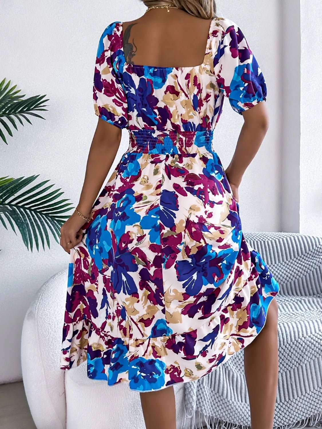 Ruffled Hem Smocked Floral Short Sleeve Midi Dress - Crowned Energy CO.