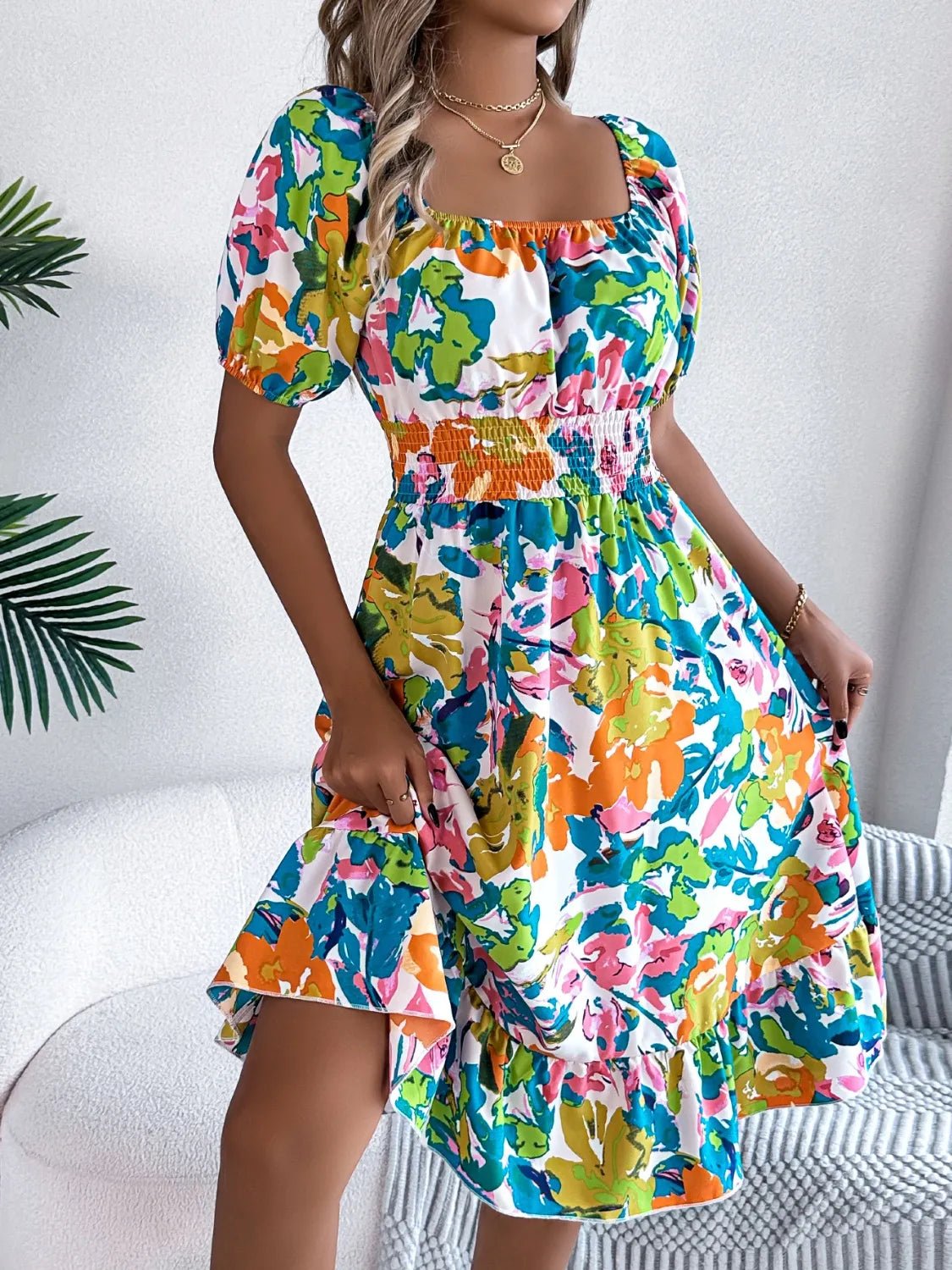 Ruffled Hem Smocked Floral Short Sleeve Midi Dress - Crowned Energy CO.