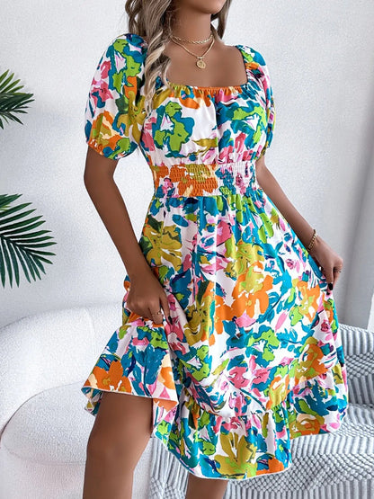 Ruffled Hem Smocked Floral Short Sleeve Midi Dress - Crowned Energy CO.