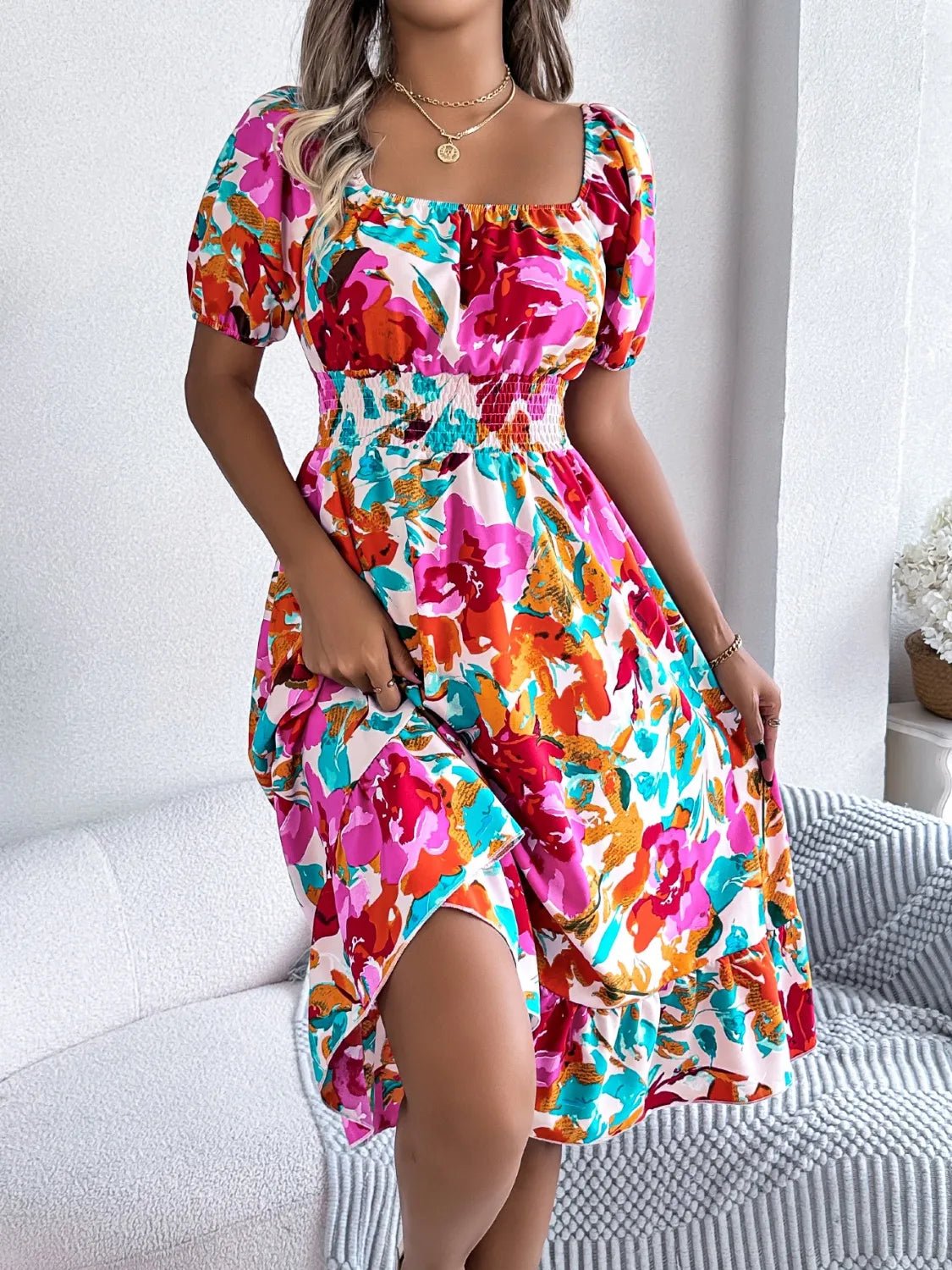 Ruffled Hem Smocked Floral Short Sleeve Midi Dress - Crowned Energy CO.