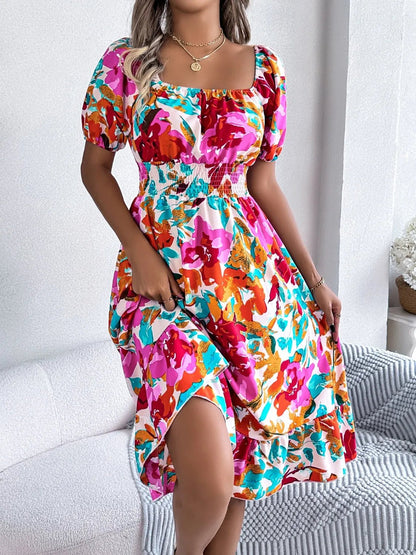 Ruffled Hem Smocked Floral Short Sleeve Midi Dress - Crowned Energy CO.