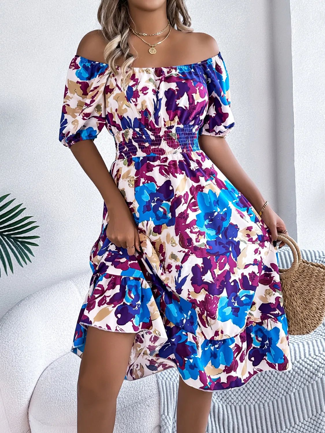 Ruffled Hem Smocked Floral Short Sleeve Midi Dress - Crowned Energy CO.