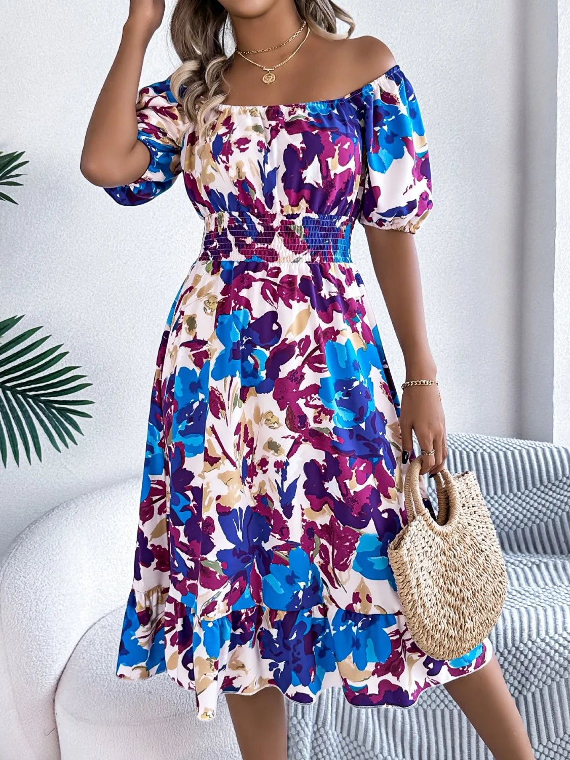 Ruffled Hem Smocked Floral Short Sleeve Midi Dress - Crowned Energy CO.
