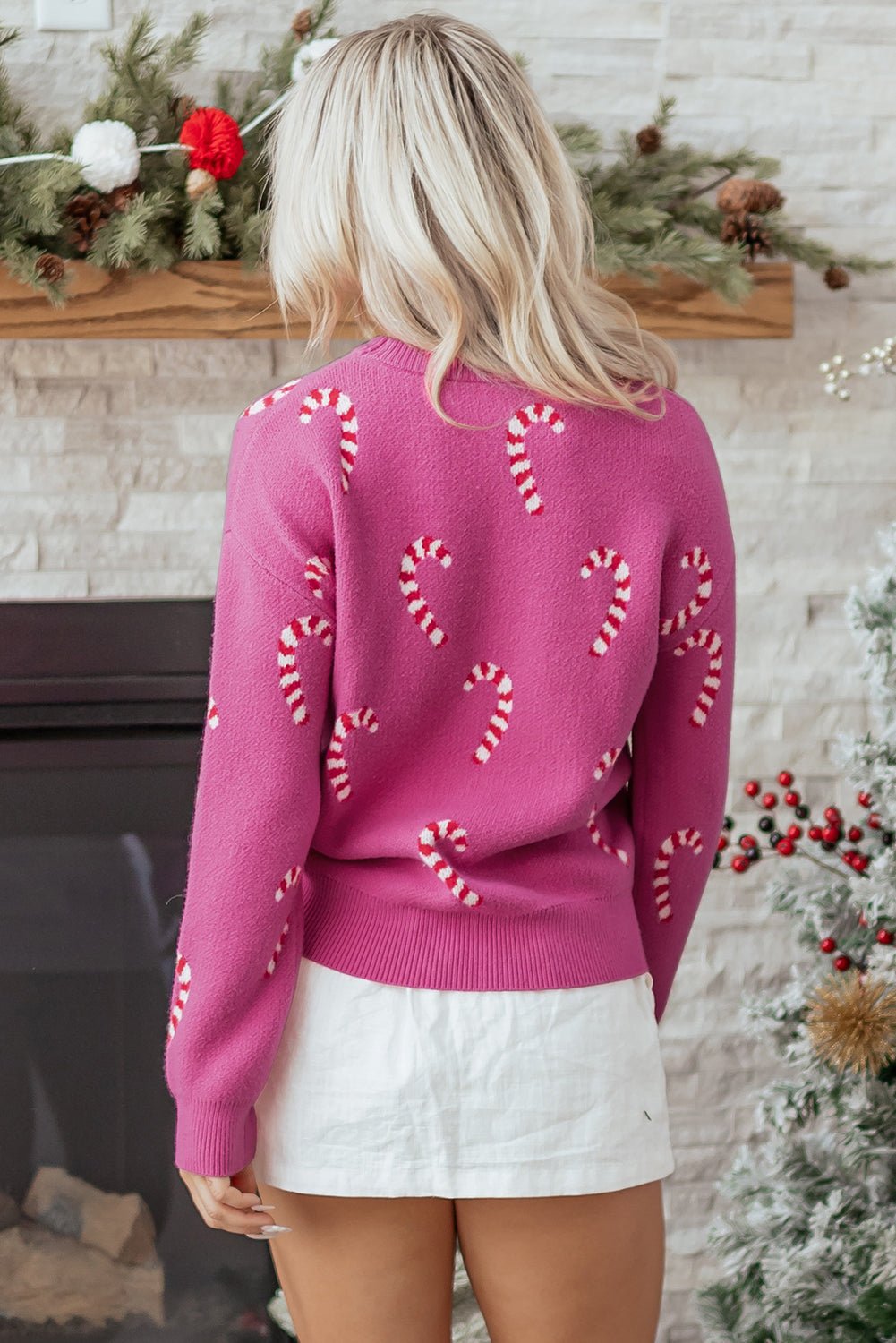 Sachet Pink Christmas Candy Cane Holiday Drop Shoulder Sweater - Goddess Vibes