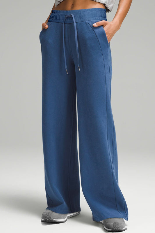 Sail Blue Drawstring High Waist Wide Leg Pocketed Sweatpants - Goddess Vibes