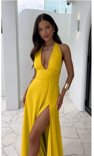 Sexy Halterneck V - neck Slit Dress Summer Backless Strappy Skirt Fashion Temperament Clothing Women - Goddess Vibes