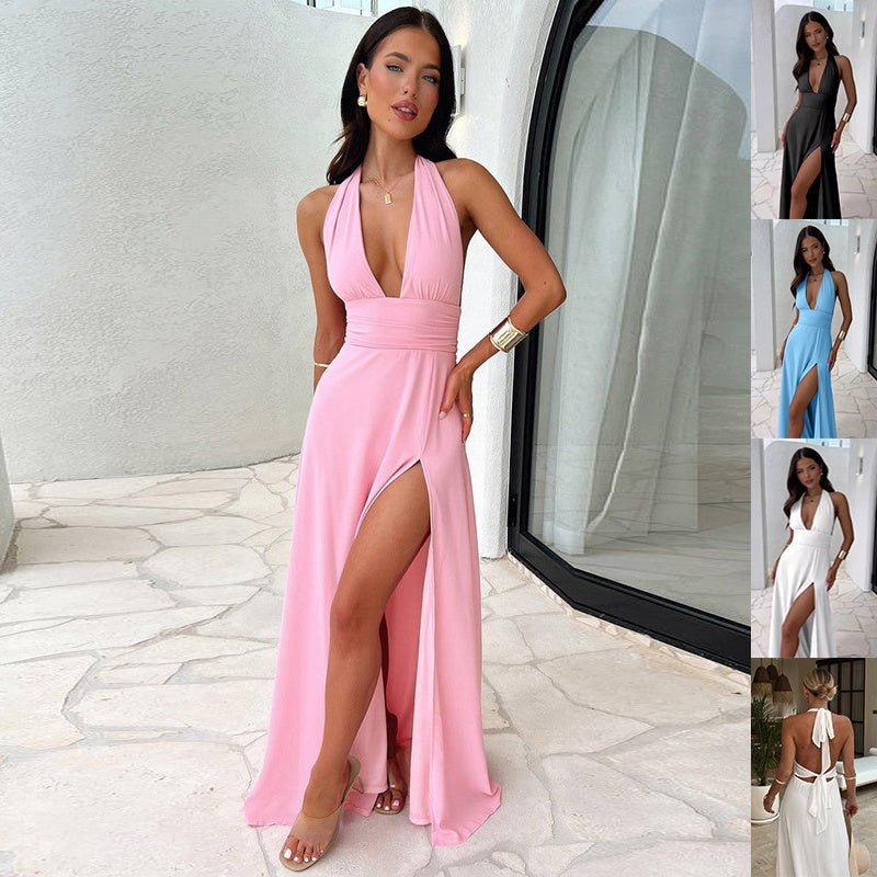 Sexy Halterneck V - neck Slit Dress Summer Backless Strappy Skirt Fashion Temperament Clothing Women - Goddess Vibes