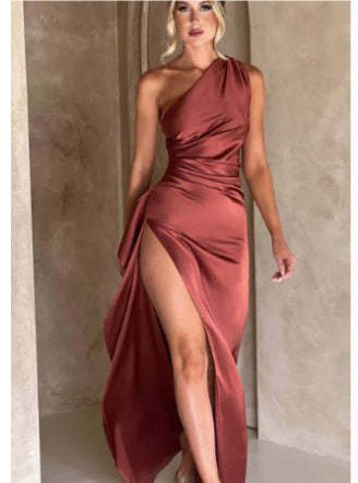Sexy One - shoulder Backless Slit Dress Summer Elegant Slim - fit Solid Color Satin Dresses For Women - Goddess Vibes