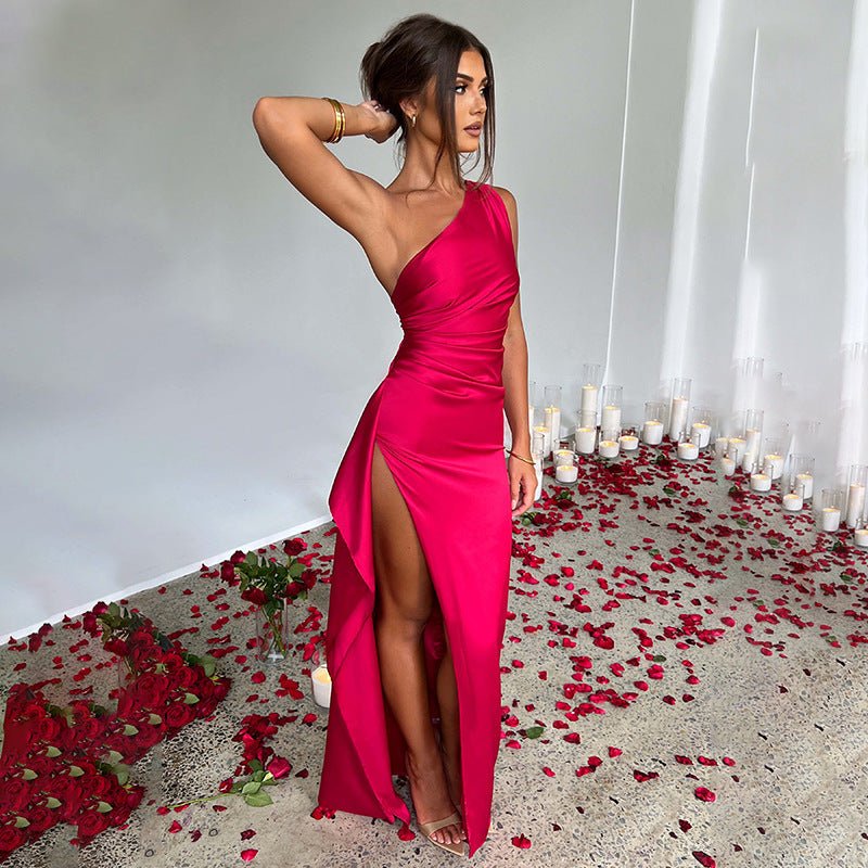 Sexy One - shoulder Backless Slit Dress Summer Elegant Slim - fit Solid Color Satin Dresses For Women - Goddess Vibes