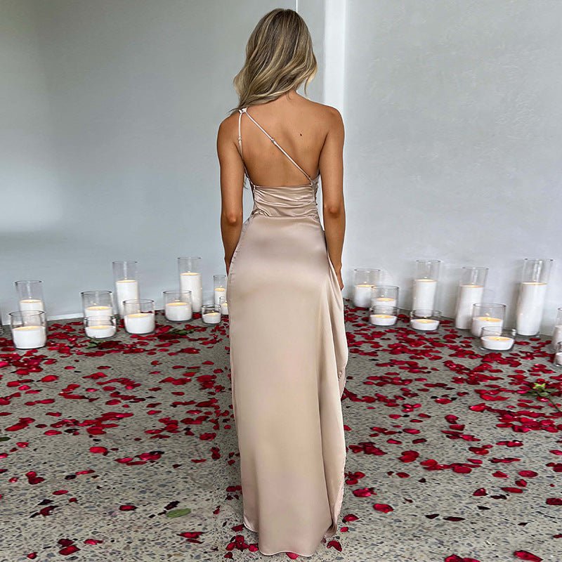 Sexy One - shoulder Backless Slit Dress Summer Elegant Slim - fit Solid Color Satin Dresses For Women - Goddess Vibes