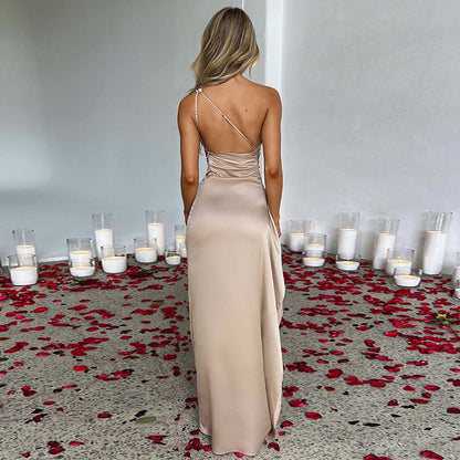 Sexy One - shoulder Backless Slit Dress Summer Elegant Slim - fit Solid Color Satin Dresses For Women - Goddess Vibes