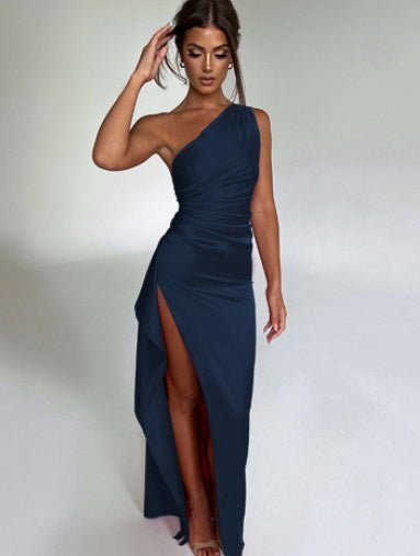 Sexy One - shoulder Backless Slit Dress Summer Elegant Slim - fit Solid Color Satin Dresses For Women - Goddess Vibes