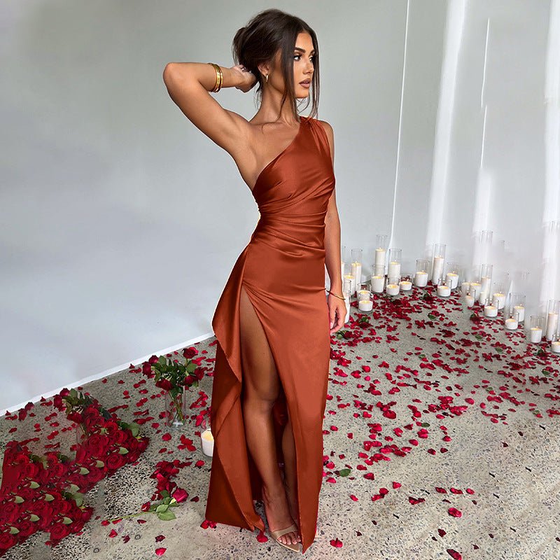 Sexy One - shoulder Backless Slit Dress Summer Elegant Slim - fit Solid Color Satin Dresses For Women - Goddess Vibes