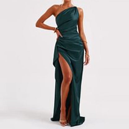 Sexy One - shoulder Backless Slit Dress Summer Elegant Slim - fit Solid Color Satin Dresses For Women - Goddess Vibes
