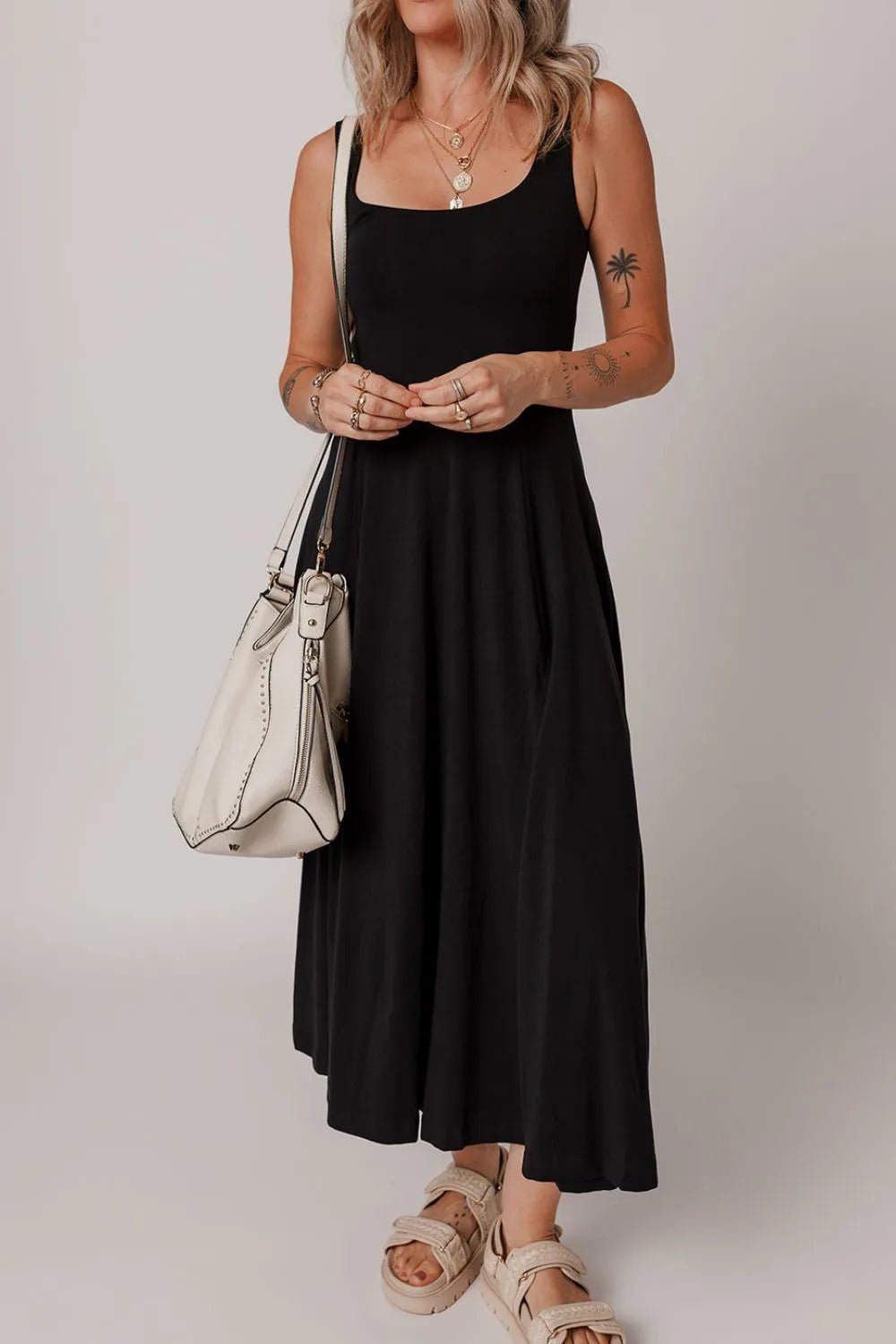 Side Slit Scoop Neck Wide Strap Dress - Goddess Vibes