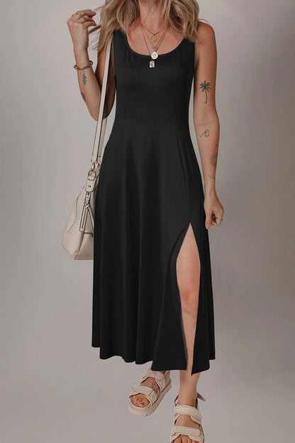 Side Slit Scoop Neck Wide Strap Dress - Goddess Vibes