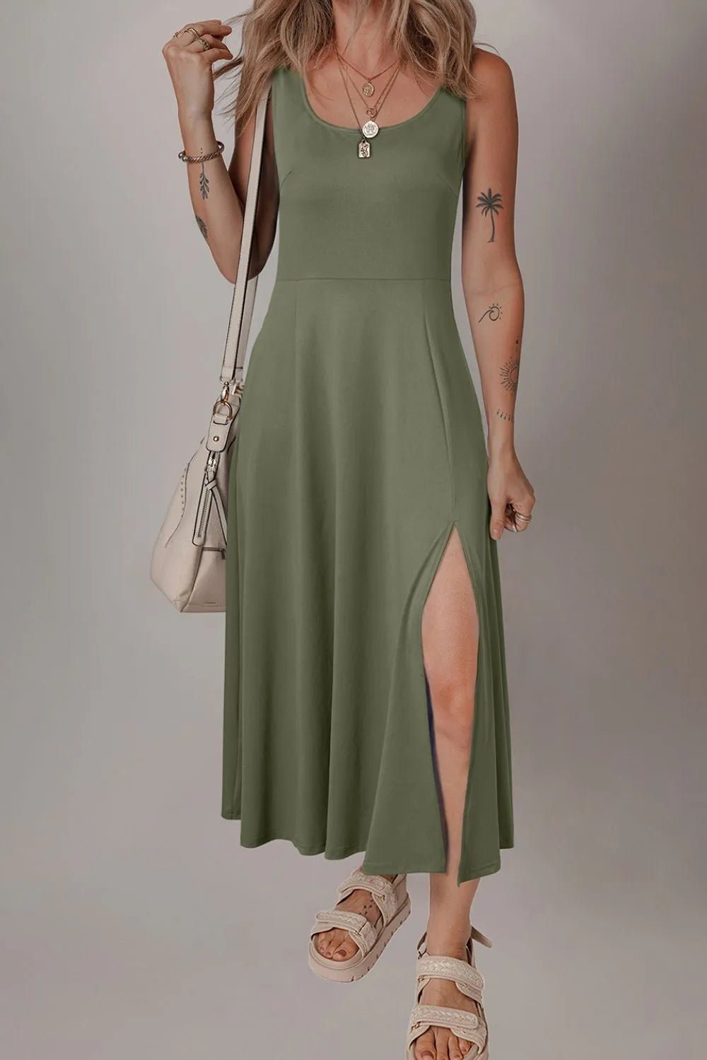 Side Slit Scoop Neck Wide Strap Dress - Goddess Vibes