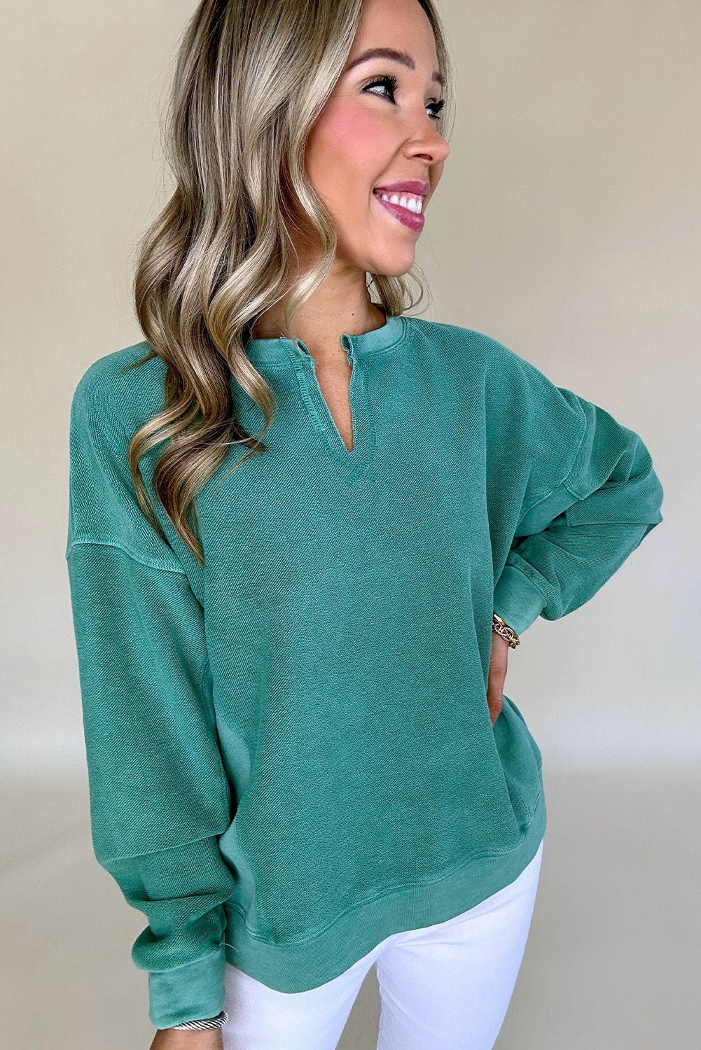 Skobeloff Solid Color Notched Neck Drop Shoulder Sweatshirt - Goddess Vibes