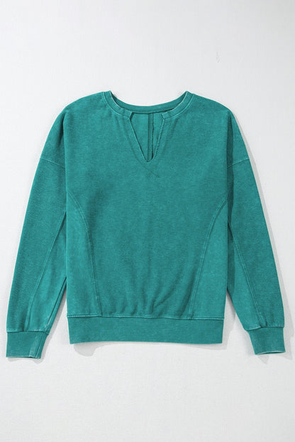 Skobeloff Solid Color Notched Neck Drop Shoulder Sweatshirt - Goddess Vibes