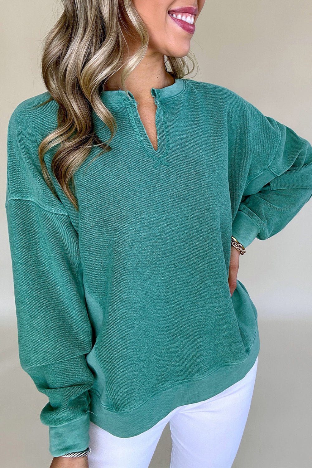 Skobeloff Solid Color Notched Neck Drop Shoulder Sweatshirt - Goddess Vibes