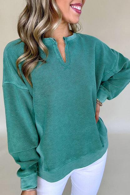 Skobeloff Solid Color Notched Neck Drop Shoulder Sweatshirt - Goddess Vibes