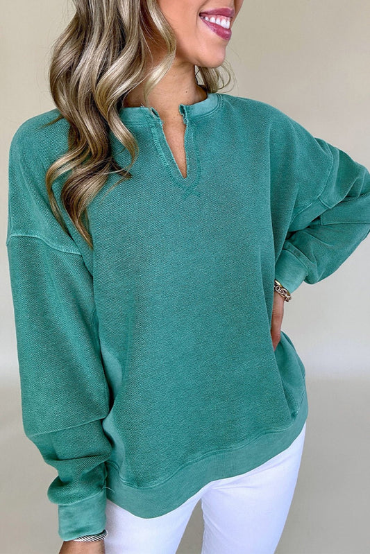 Skobeloff Solid Color Notched Neck Drop Shoulder Sweatshirt - Goddess Vibes
