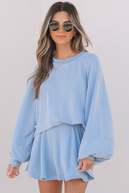 Sky Blue Corded Lantern Sleeve Top High Waist Ruffled Mini Skirt Set - Goddess Vibes