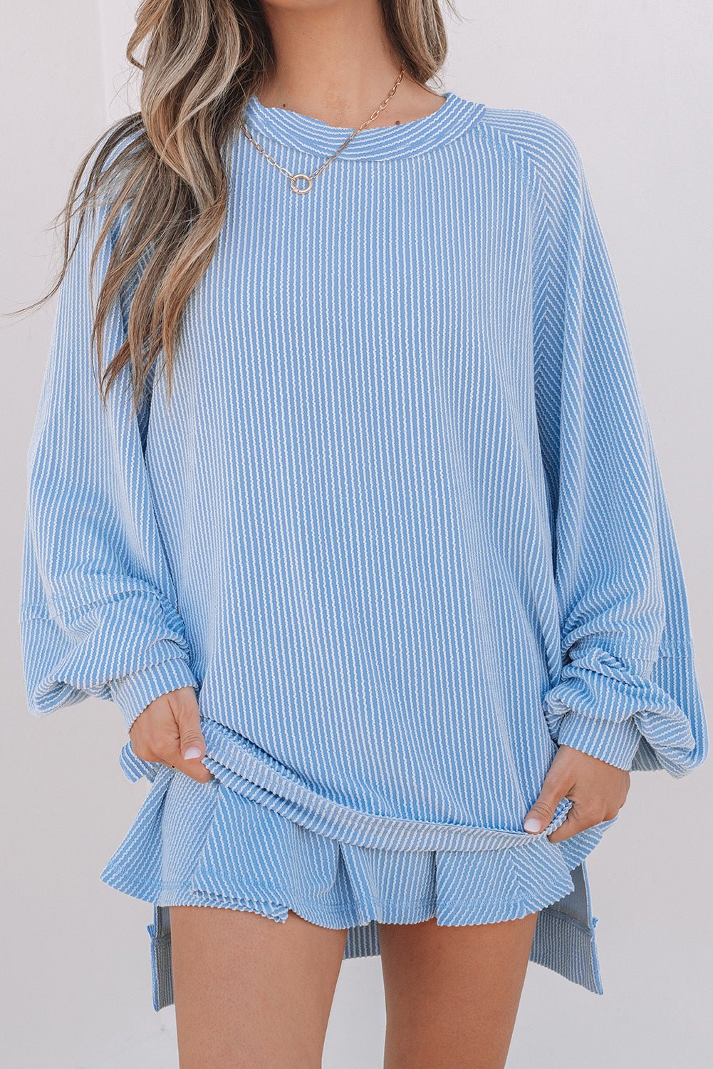 Sky Blue Corded Lantern Sleeve Top High Waist Ruffled Mini Skirt Set - Goddess Vibes