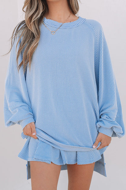 Sky Blue Corded Lantern Sleeve Top High Waist Ruffled Mini Skirt Set - Goddess Vibes