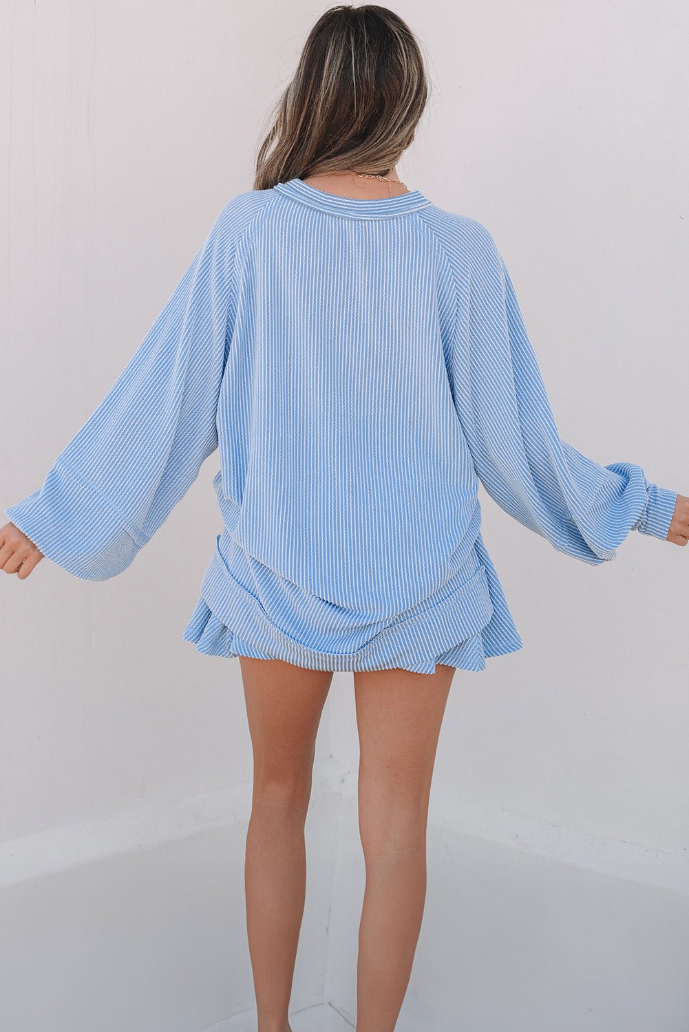 Sky Blue Corded Lantern Sleeve Top High Waist Ruffled Mini Skirt Set - Goddess Vibes