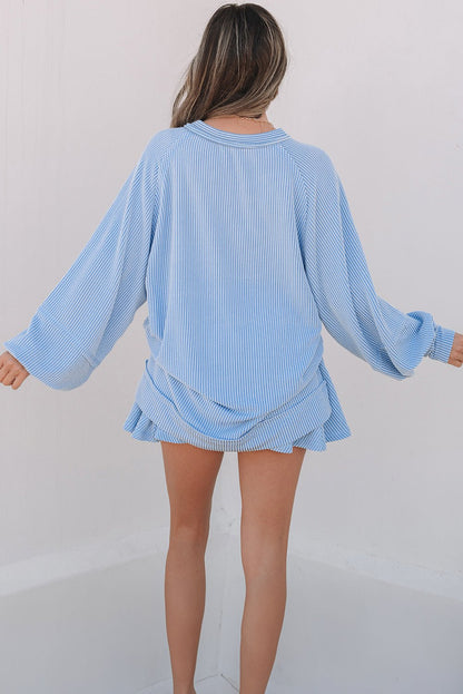 Sky Blue Corded Lantern Sleeve Top High Waist Ruffled Mini Skirt Set - Goddess Vibes