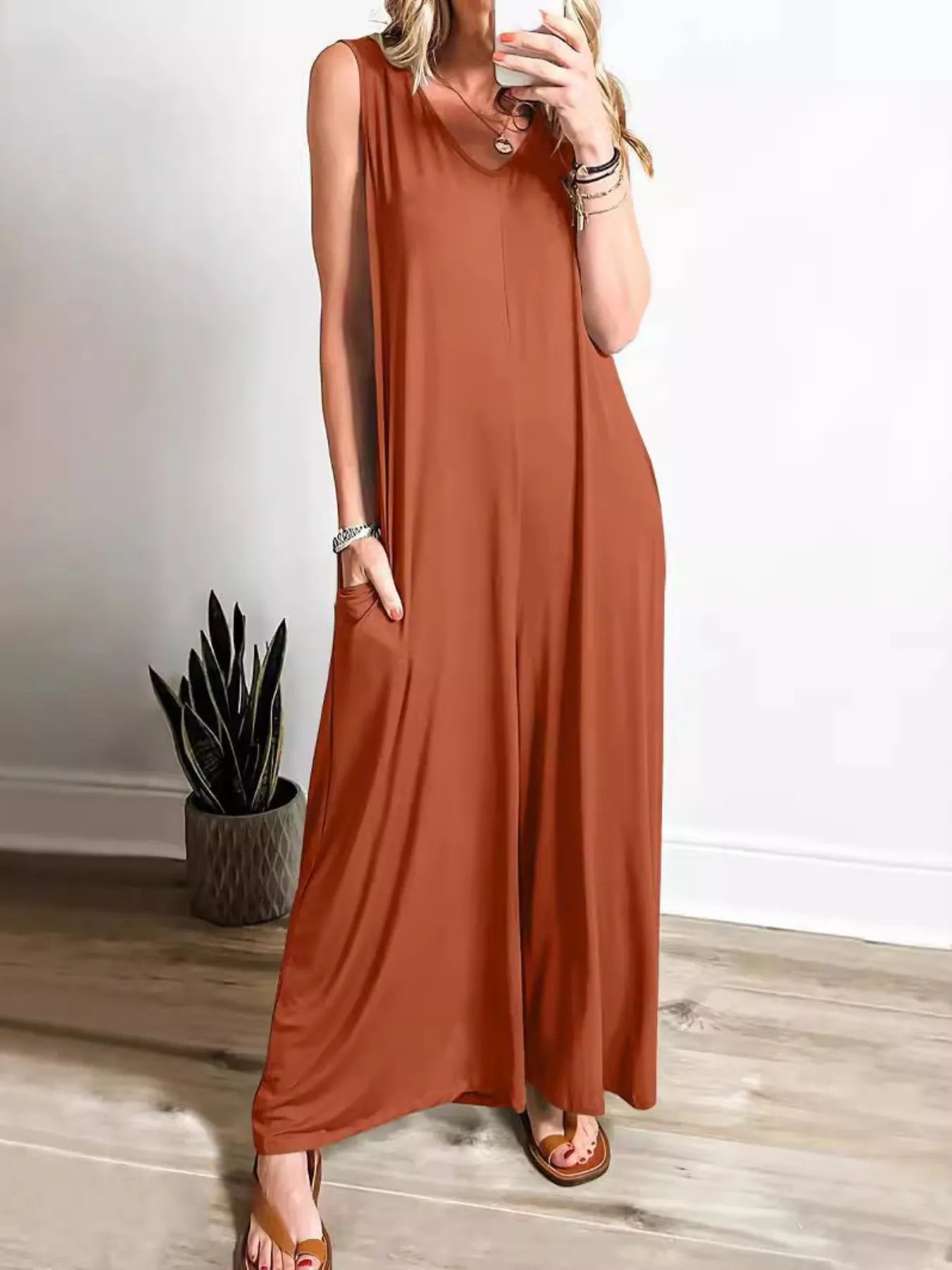 Sleeveless V - Neck Jumpsuit with Pockets - Goddess Vibes