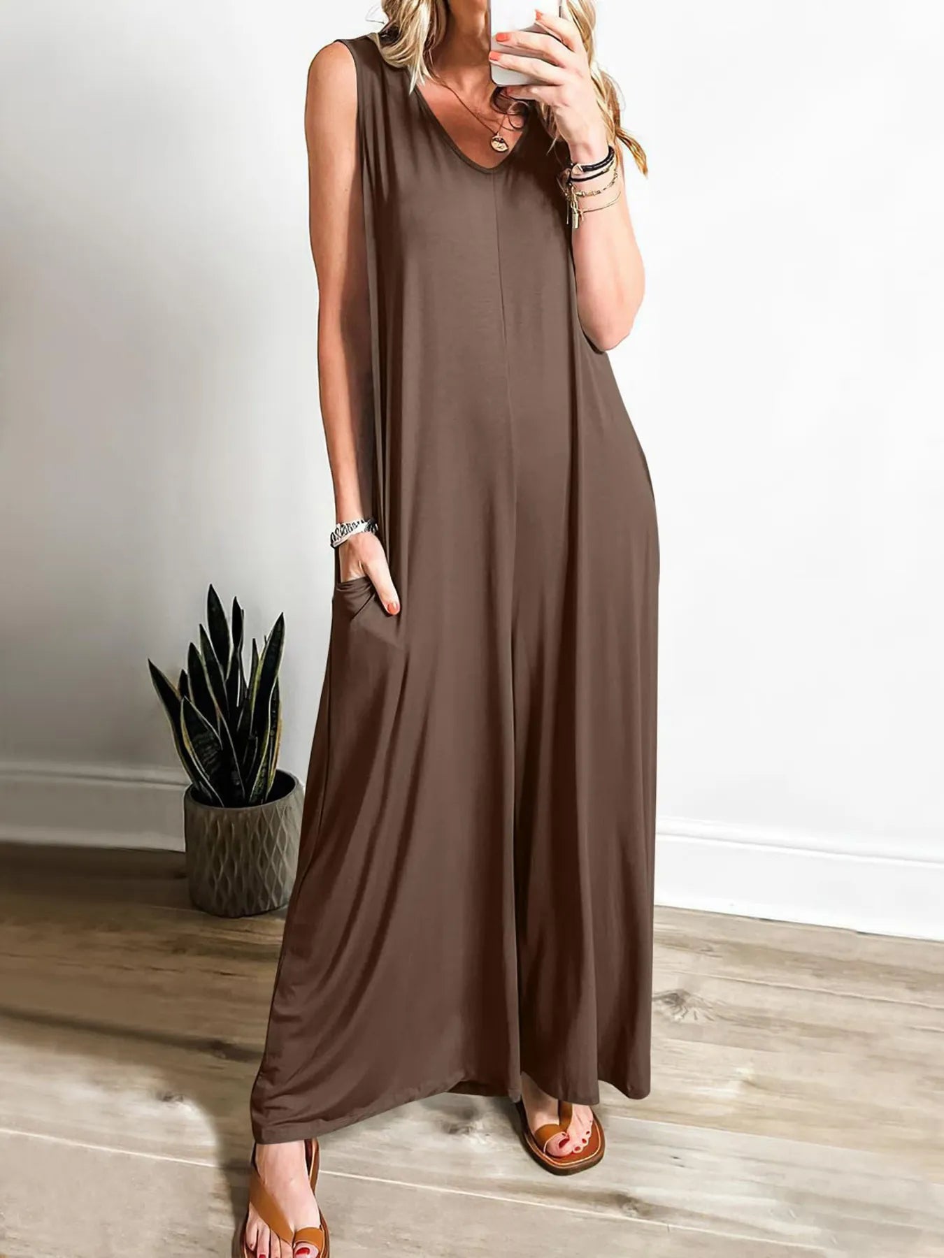 Sleeveless V - Neck Jumpsuit with Pockets - Goddess Vibes