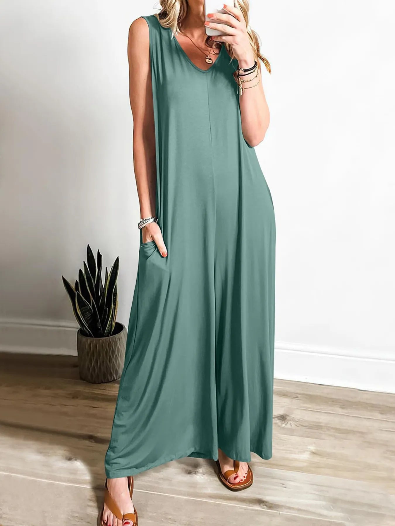 Sleeveless V - Neck Jumpsuit with Pockets - Goddess Vibes
