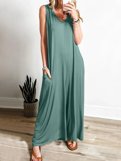 Sleeveless V - Neck Jumpsuit with Pockets - Goddess Vibes